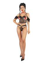 Load image into Gallery viewer, Bite Me Bat 3-Piece Lingerie Set – Cupless Corset Bra, Garter Panty, Chains &amp; Blood Drop Necklace
