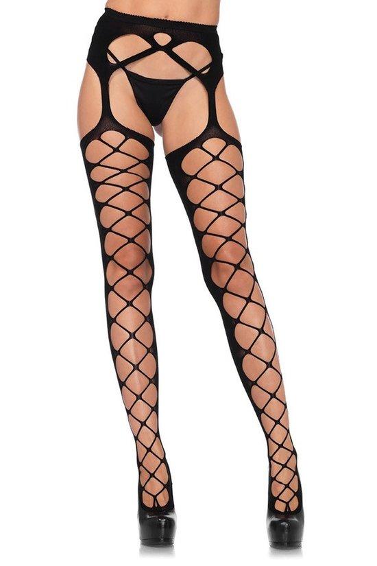 June Stockings with Garter Belt, Diamond Net stockings with Sheer Back and Attached Garter Belt