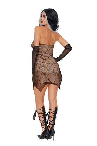 Spiderweb Starter Dress Costume – 1 Piece Women’s Halloween Outfit with Criss-Cross Halter & Spiderweb Print