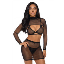 Load image into Gallery viewer, Shimmer With Me 2-Piece Bodystocking Set for Women – Sheer Glitter Mesh Long-Sleeve Cropped Top &amp; High-Waisted Skirt

