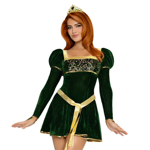 Swamp Princess Costume for Women, 3-Piece Fairytale Halloween Costume with Green Velvet Mini Dress, Gold Belt & Jeweled Crown Headband