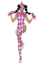 Load image into Gallery viewer, Diamond Clown Teddy Costume for Women with Rhinestone &amp; Tulle Details, Leg Warmers, Wrist Pieces &amp; Clown Hat – Pink &amp; White Circus Costume

