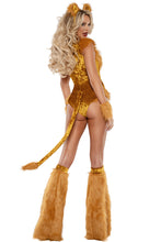 Load image into Gallery viewer, Lion Costume Teddy with Removable Tail, Headpiece, Wrist Pieces &amp; Boot Covers – Golden Stretch Velvet Animal-Inspired Costume
