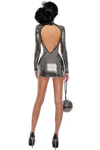 Load image into Gallery viewer, Disco Fever Foil Dress Costume for Women with Headpiece &amp; Disco Ball Purse – 70s-Inspired Retro Dance Costume for Halloween &amp; Parties
