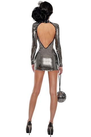 Disco Fever Foil Dress Costume for Women with Headpiece & Disco Ball Purse – 70s-Inspired Retro Dance Costume for Halloween & Parties
