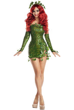 Load image into Gallery viewer, Women’s Poisonous Villain Costume, Green Sequin Dress with Side Slit &amp; Ivy Details, Matching Gloves &amp; Headpiece, Halloween Villain Outfit
