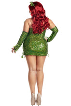Load image into Gallery viewer, Women’s Poisonous Villain Costume, Green Sequin Dress with Side Slit &amp; Ivy Details, Matching Gloves &amp; Headpiece, Halloween Villain Outfit
