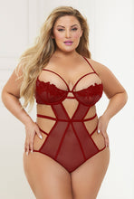 Load image into Gallery viewer, Guipure Lace &amp; Mesh Teddy – Strappy Detail, Lace Cups, Hook &amp; Eye Back, G-String Back
