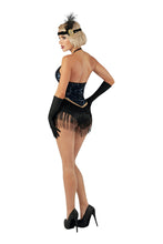 Load image into Gallery viewer, Women’s Jazzy Jezebel Costume, Navy Blue Stretch Sequin Fitted Romper with Fringed Skirt, Gold Faux Diamond Accents, Matching Headpiece &amp; Gloves
