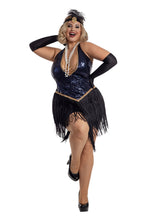 Load image into Gallery viewer, Women’s Jazzy Jezebel Costume, Navy Blue Stretch Sequin Fitted Romper with Fringed Skirt, Gold Faux Diamond Accents, Matching Headpiece &amp; Gloves
