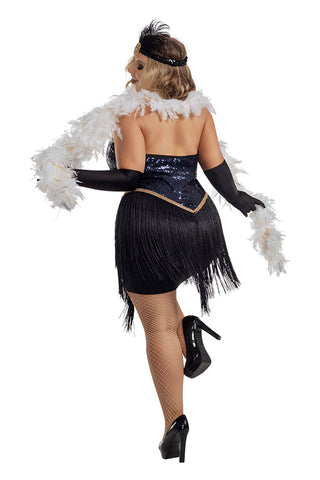 Women’s Jazzy Jezebel Costume, Navy Blue Stretch Sequin Fitted Romper with Fringed Skirt, Gold Faux Diamond Accents, Matching Headpiece & Gloves