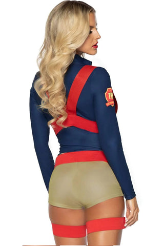 Hot Zone Honey Women’s Halloween Costume – 2 Piece Firefighter Romper with Reflective Garter Suspenders