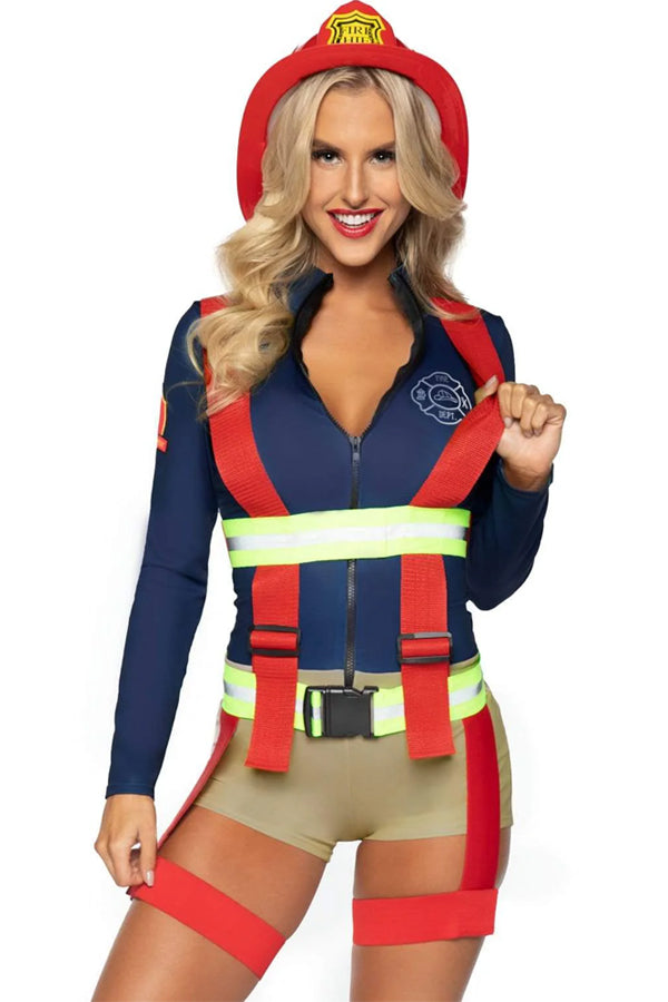 Hot Zone Honey Women’s Halloween Costume – 2 Piece Firefighter Romper with Reflective Garter Suspenders