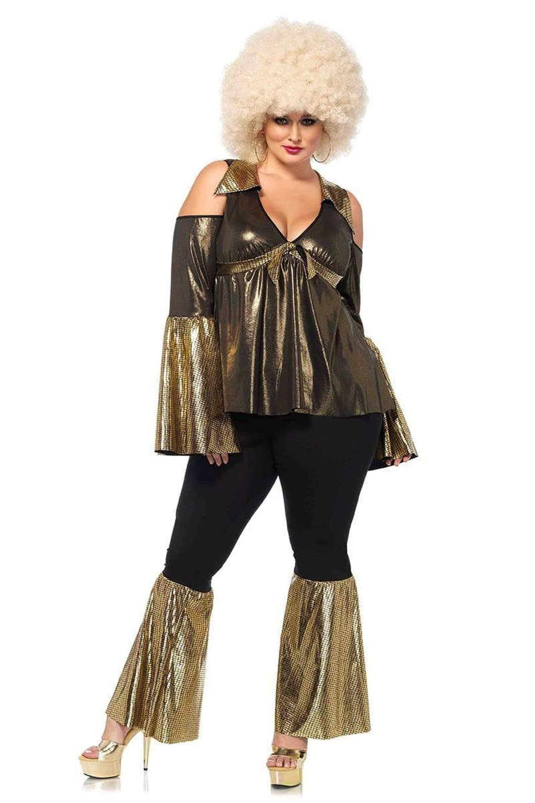 Plus 70s Disco Diva Costume, Cold-Shoulder Baby Doll Top