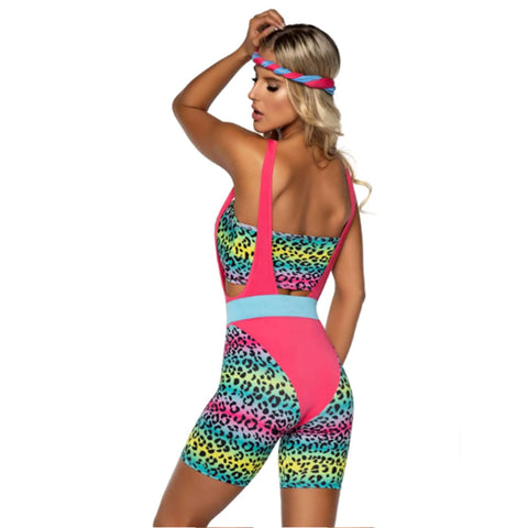 Cardio Cutie 80s Aerobic Costume for Women – 4 Piece Halloween Outfit with Leopard Bodysuit, Bandeau, Belt & Headband