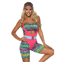 Load image into Gallery viewer, Cardio Cutie 80s Aerobic Costume for Women – 4 Piece Halloween Outfit with Leopard Bodysuit, Bandeau, Belt &amp; Headband
