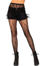 Load image into Gallery viewer, Flame Fishnet Tights – Woven Flame Pattern Pantyhose with Reinforced Toe
