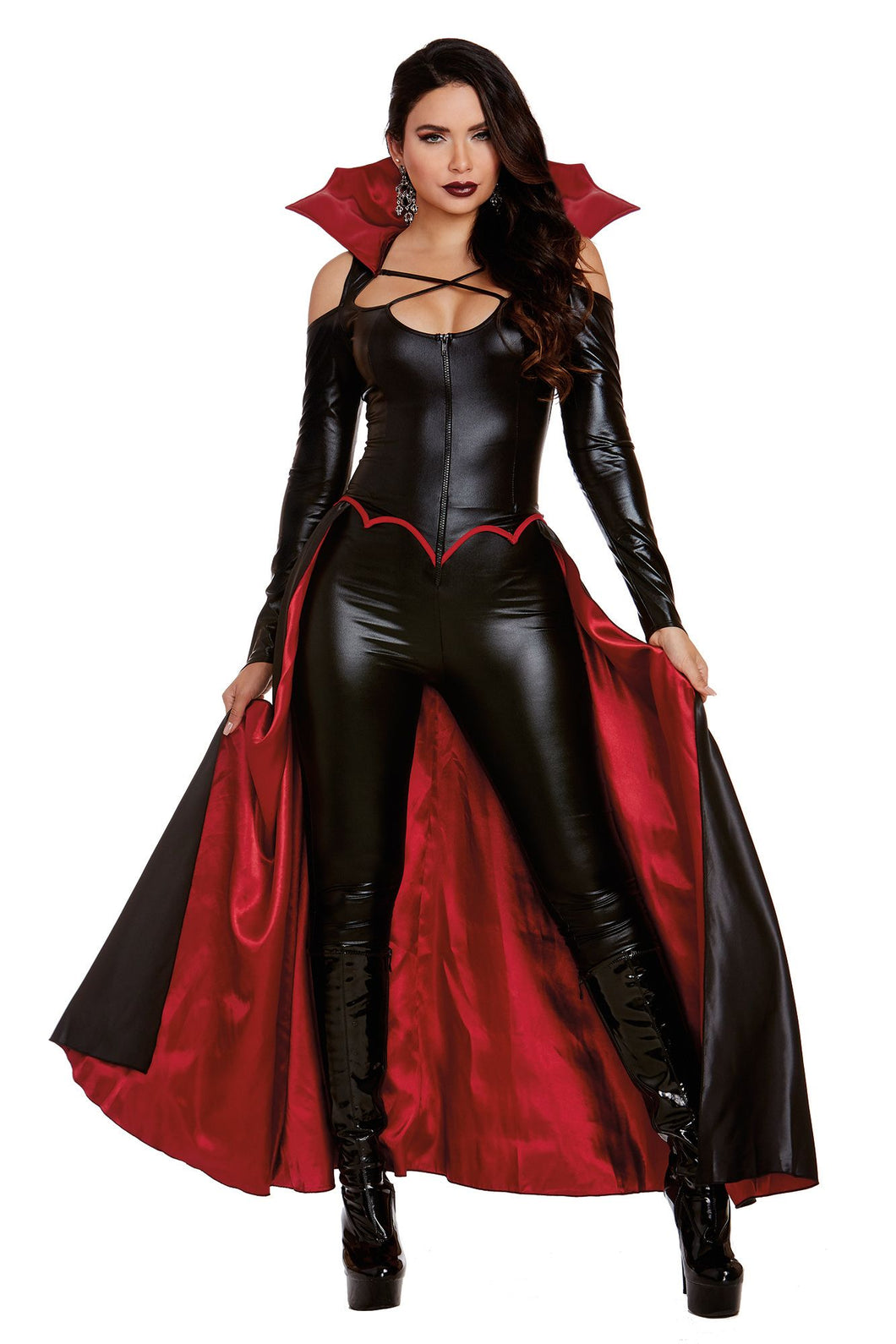 Plus Size Princess of Darkness Costume – Zip-Front Jumpsuit with Vampire Collar & Attached Skirt