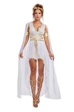 Load image into Gallery viewer, Venus Goddess Costume – 3-Piece Mythical Outfit with Sheer Dress, Gold Leaf Headpiece &amp; Armbands
