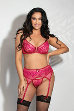 Load image into Gallery viewer, Embroidered Bra Set – Underwire Bra with Satin Ribbon Bow, Garter Belt &amp; Panty with Gold Charm
