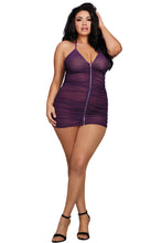 Load image into Gallery viewer, Stretch Mesh Chemise with Shirring Details and G-String Set
