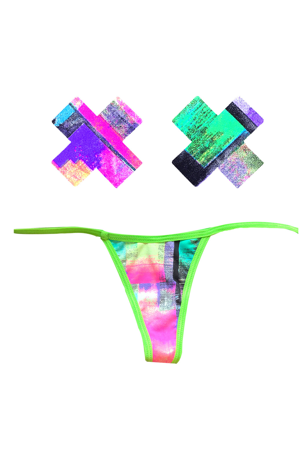 Neon Tetris Green UV G-String Naughty Knix Pasties & Panties Set