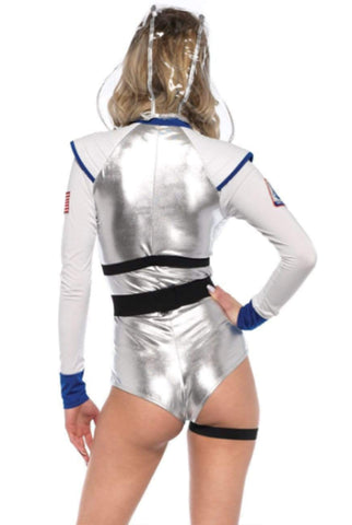 Galaxy Girl Astronaut Costume , Lame Zipper Bodysuit, Belt with Leg Garter, Detachable Clear Hood