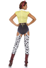 Load image into Gallery viewer, Giddy Up Cowgirl Costume for Women – 3 PC Western Romper with Cow Print Leggings, Horseshoe Belt &amp; Bandana
