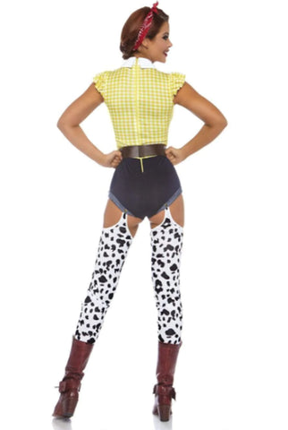 Giddy Up Cowgirl Costume for Women – 3 PC Western Romper with Cow Print Leggings, Horseshoe Belt & Bandana
