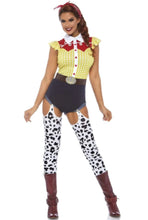Load image into Gallery viewer, Giddy Up Cowgirl Costume for Women – 3 PC Western Romper with Cow Print Leggings, Horseshoe Belt &amp; Bandana
