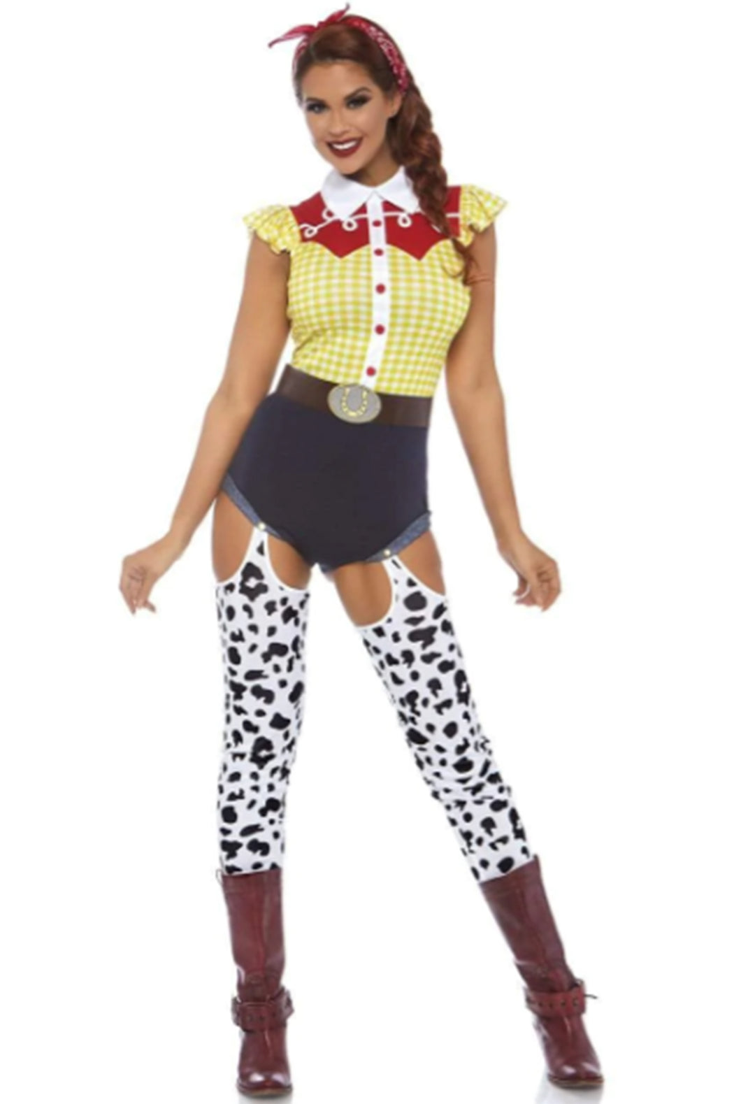 Giddy Up Cowgirl Costume for Women – 3 PC Western Romper with Cow Print Leggings, Horseshoe Belt & Bandana