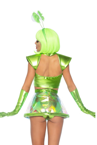 Beam Me Up Babe Alien Costume, Metallic Crop Top with Clear Skirt and Alien Gloves