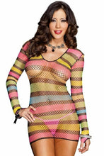Load image into Gallery viewer, Rainbow Striped Fishnet Mini Dress
