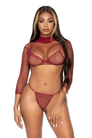 Deep Cut Fishnet Bikini Set, Three Pieces Net Bikini Top with Thong and Crop Top