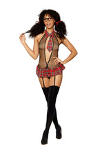 Load image into Gallery viewer, Schoolgirl-Themed Fishnet Garter Teddy Costume Set with Plaid Collar &amp; Adjustable Garters
