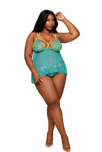 Load image into Gallery viewer, Embroidery and Dot mesh Babydoll and Thong Set
