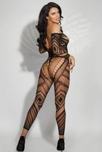 Load image into Gallery viewer, Sexy Long Sleeve Bodystocking – Sheer Lingerie with Plunging Neckline &amp; Geo Pattern
