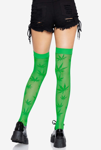 420 Fishnet Thigh High Stockings with Weed Leaf Design