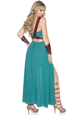 Warrior Maiden Costume for Women – 4 Piece Sexy Gladiator Halloween Outfit with Cut-Out Dress, Harness, Headband & Arm Cuffs
