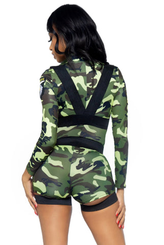 Goin’ Commando Camo Romper Costume, Plunging-V zipper front Camo Romper