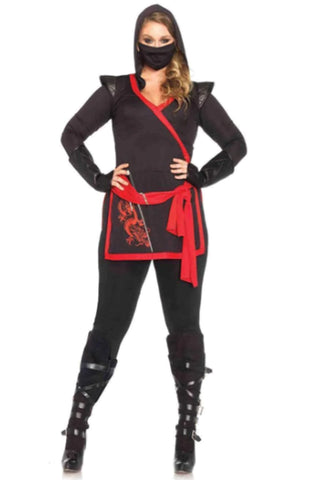 Plus Size Ninja Assassin Costume for Women – 4 Piece Stealthy Halloween Outfit with Tunic, Leggings, Gauntlets & Mask