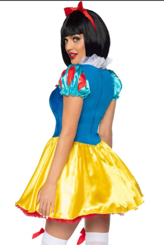 Classic Snow White Costume for Women – 2 PC Fairytale Satin Dress with Corset Ribbon Front & Bow Headband
