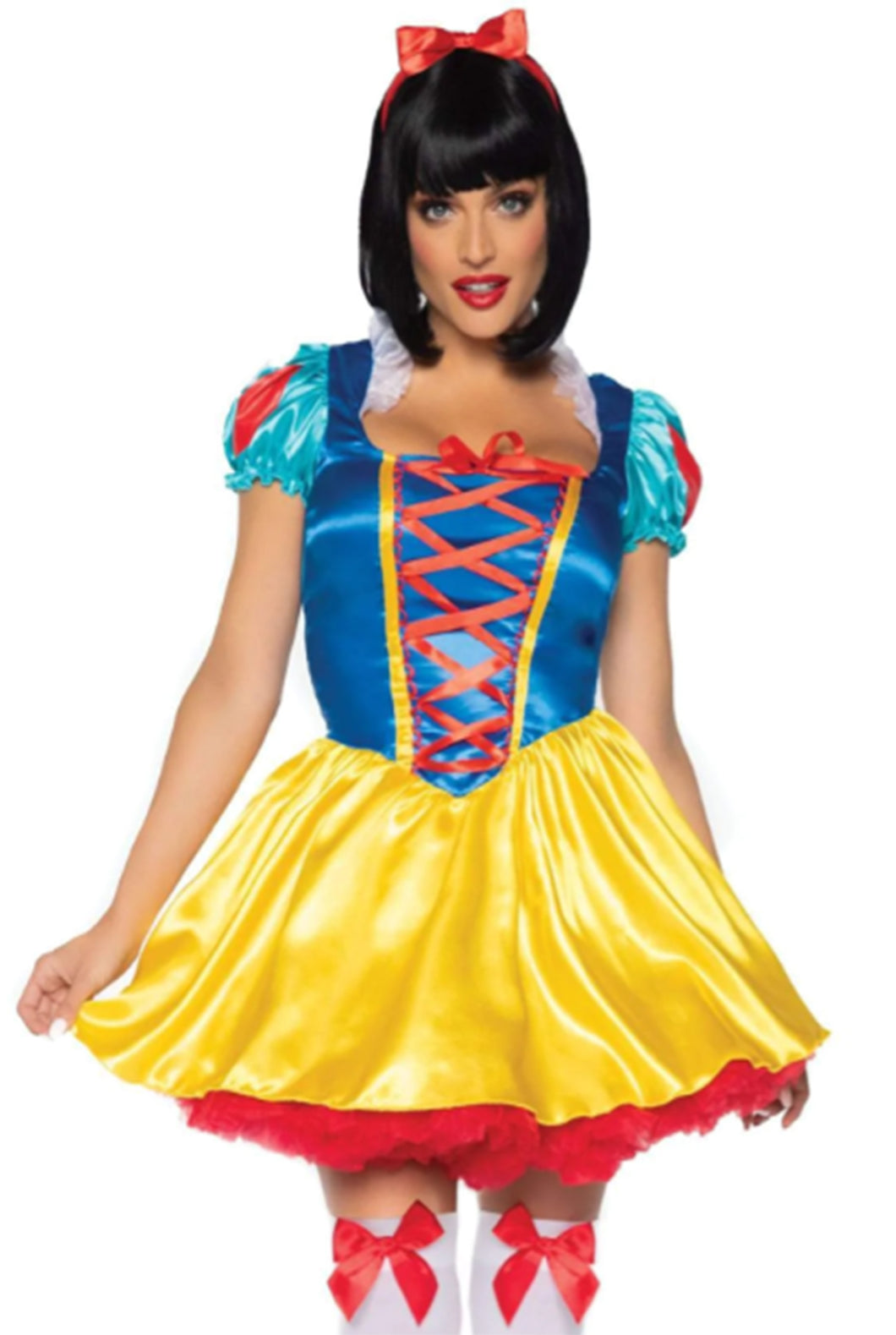 Classic Snow White Costume for Women – 2 PC Fairytale Satin Dress with Corset Ribbon Front & Bow Headband