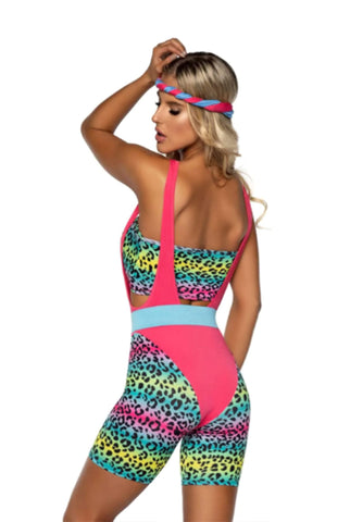 Cardio Cutie 80's Costume, Rainbow Leopard bike Short Bodysuit