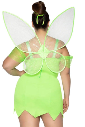 Plus Size Tinkerbell Fairy Costume for Women – 4 PC Sequin Dress, Wings, Hair Ribbon & Shoe Pom Poms