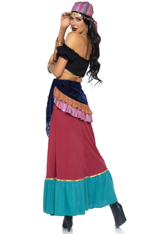 Bohemian Beauty Costume for Women – 3 Piece Gypsy-Inspired Outfit with Coin Trim Crop Top, Dual Slit Skirt