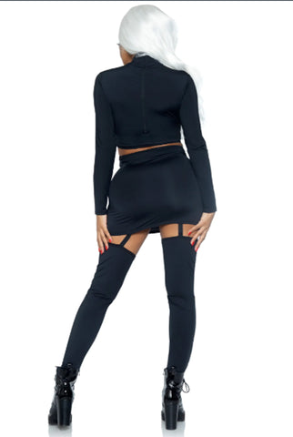 Golden Skeleton Costume for Women – 2 PC Crop Top & Garter Skirt Set with Laser Cut Skeleton Design