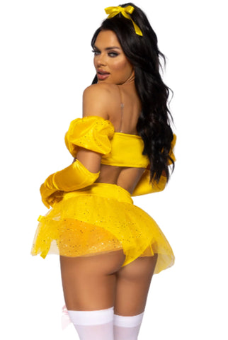 Fairytale Beauty Costume for Women – 4 PC Storybook-Inspired Bra Top, High Waist Panty with Skirt, Puff Sleeves & Hair Ribbon