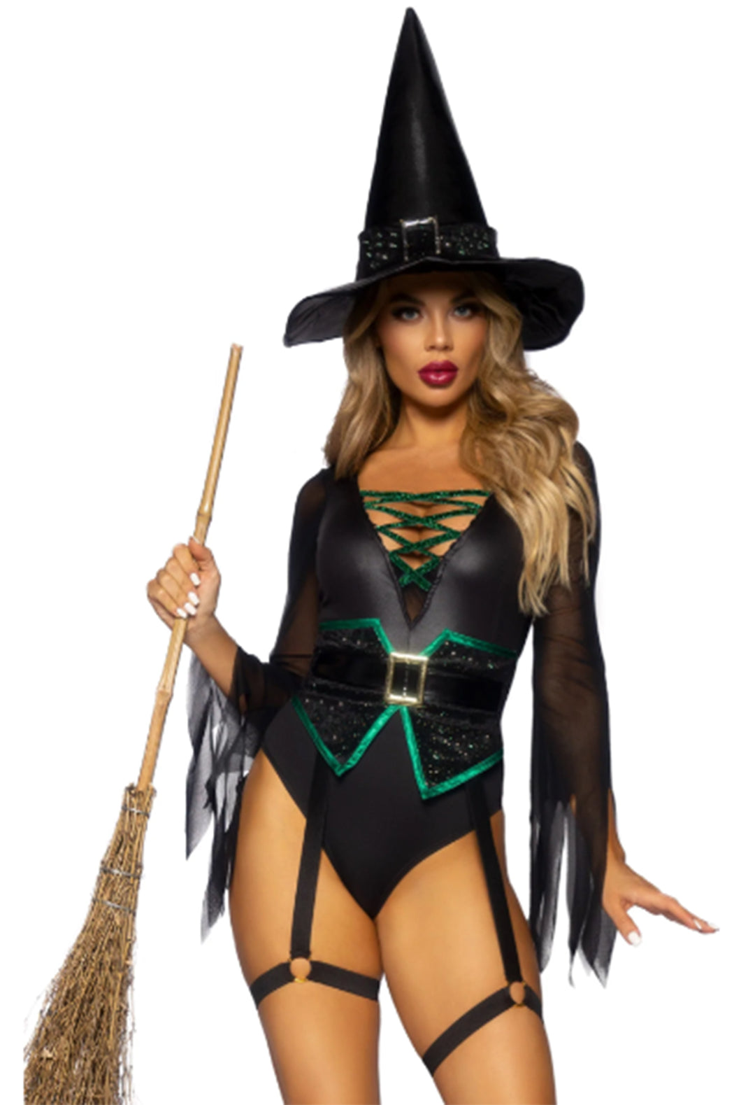 Broomstick Babe Witch Costume with Curve-Hugging Bodysuit, Matching Hat & Garters