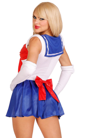 Sailor Moon-Inspired Costume for Women – 3 PC Snap Crotch Bodysuit with Pleated Skirt, Back Bow & Gloves